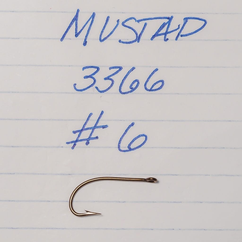 Mustad 3366 — original packaging label and handwritten annotations — size 6/0 — showing era and quality codes