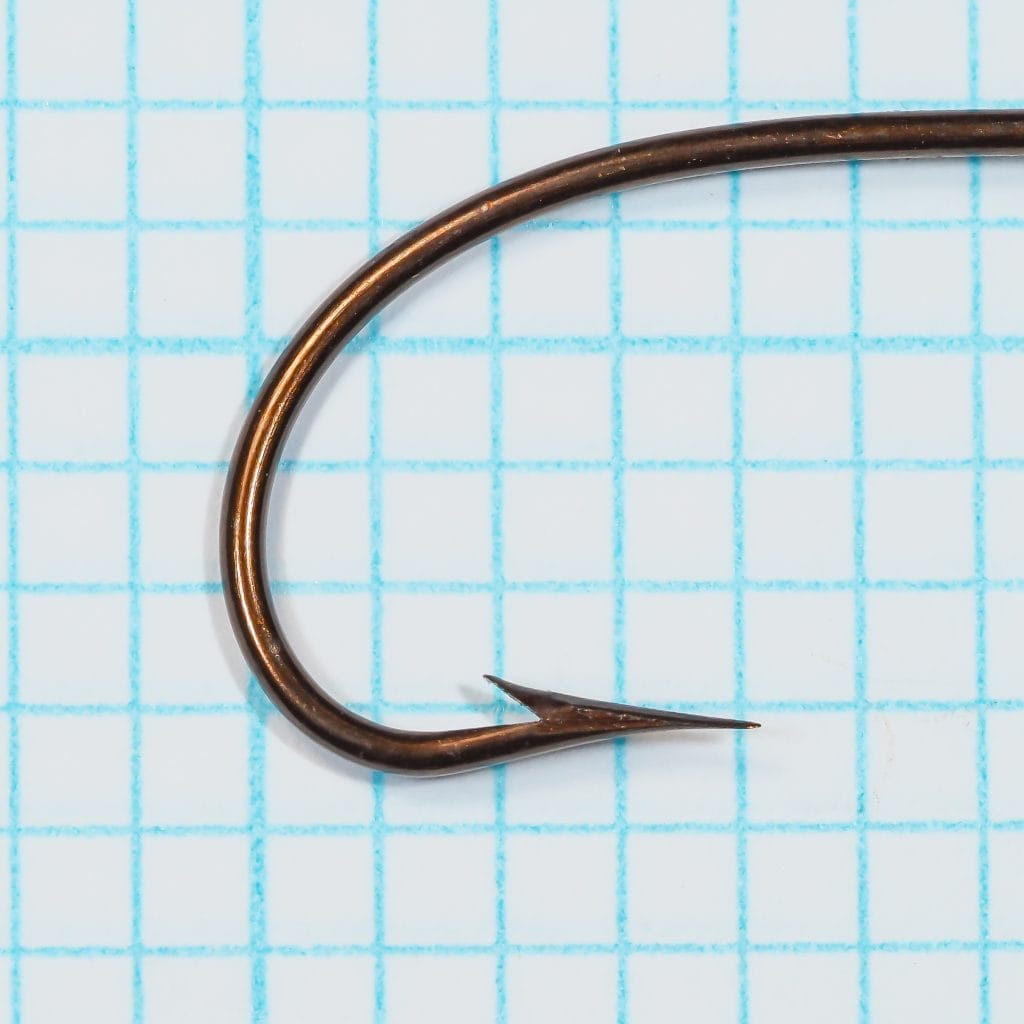 Mustad 3369A Sproat — front profile showing point geometry and barb — size No. 1 — superior point with bronzed finish