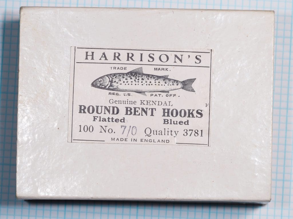 Harrison's 3781 Original Manufacturing Box — cardboard wrapper with printed label showing trade mark trout, 'Genuine Kendal' branding, specification text 'No. 7/0 Quality 3781 Blued, Made in England'