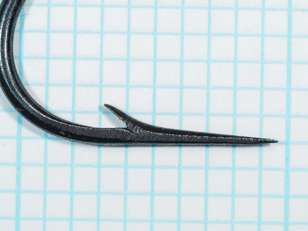 Harrison's 3781 Hook Point — macro close-up showing standard-spear point geometry, modest barb placement, and blued finish detail
