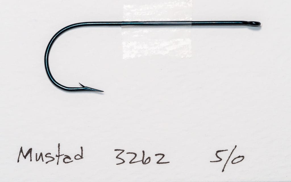 Mustad 3262 Aberdeen — full hook profile — size 5/0 — blued finish with handwritten documentation