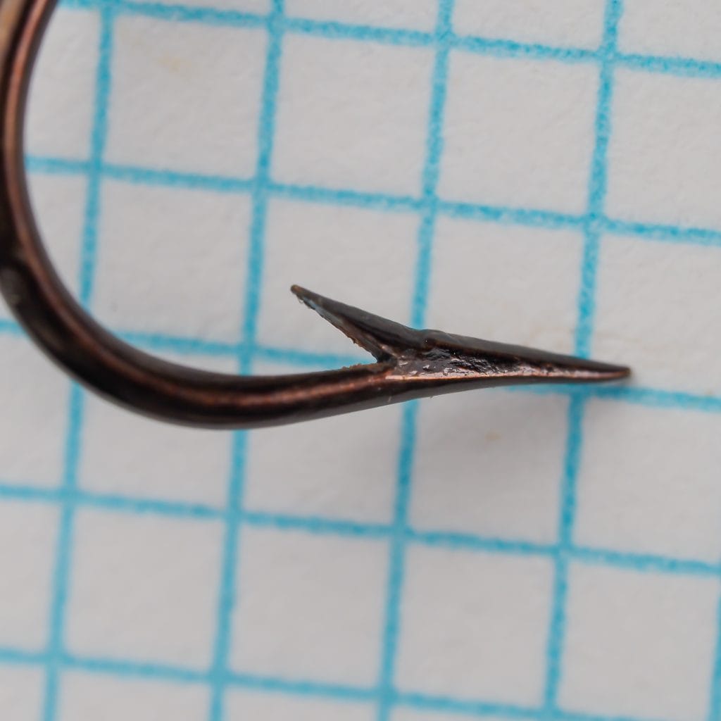 Mustad 3141 Kirby Hook — point detail showing superior geometry — size 6 — bronzed finish