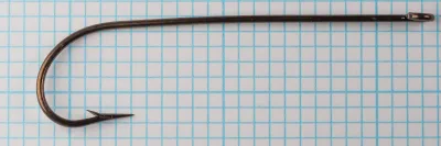 Mustad 3191 Carlisle Hook — full profile — size 5/0 — extra long shank on measurement grid