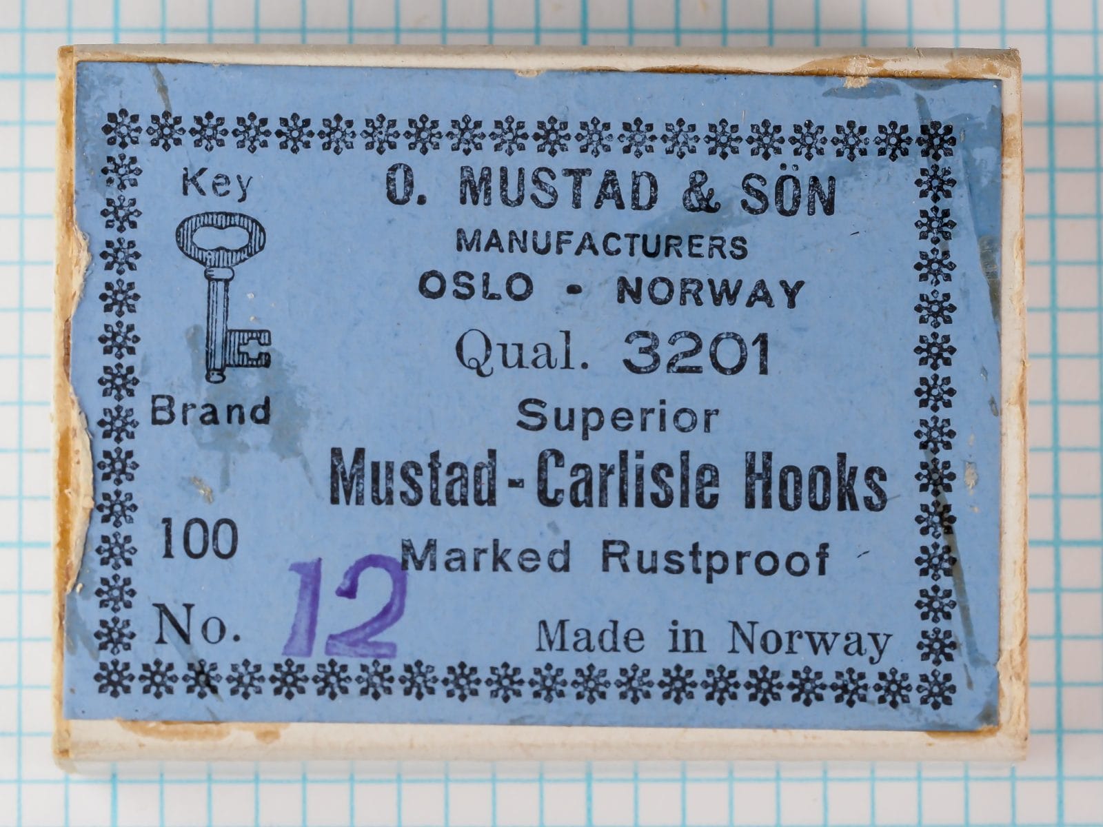 Mustad 3201 Key Brand Packaging Label — original retail packaging with company specifications