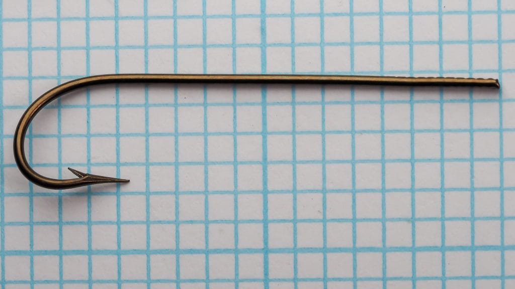 Mustad 3201 Complete Profile Size 12 — full side view showing Carlisle proportions and marked shank