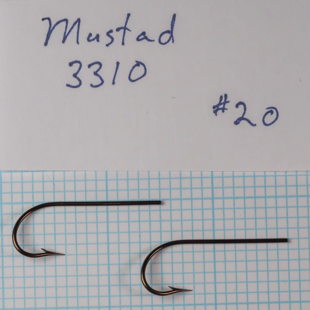 Two Mustad 3310 hooks identified as size 20 beside a handwritten specimen card on a measurement grid.