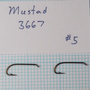 Handwritten label for size 5 Mustad 3667 hooks