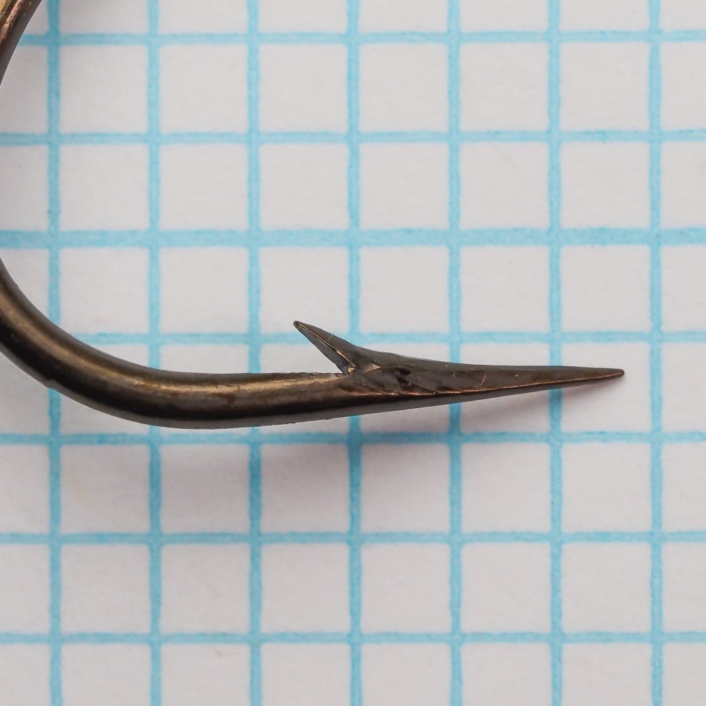 Mustad 3756 Hook Point — side-profile close-up showing hollow-point geometry — size 17 — bronzed finish