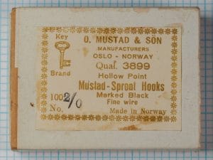 Vintage Mustad 3899 hook package label showing Key Brand mark, Oslo Norway origin, size 2/0.