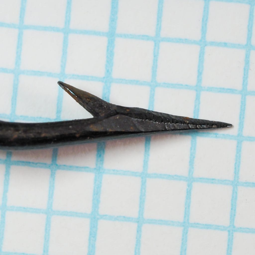 Mustad 3995 — close-up of hook point showing hollow-point geometry and knife-edge configuration — size 4/0 — photographed on measurement grid