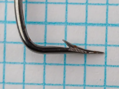 Close view of a Mustad 9856 size 2/0 hook point on grid paper, showing the raised cut barb and ground facets on the point.