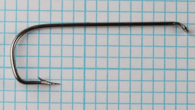 Mustad 9856 size 2/0 hook in side view on grid paper, turned-down eye at right, bend and point at left.