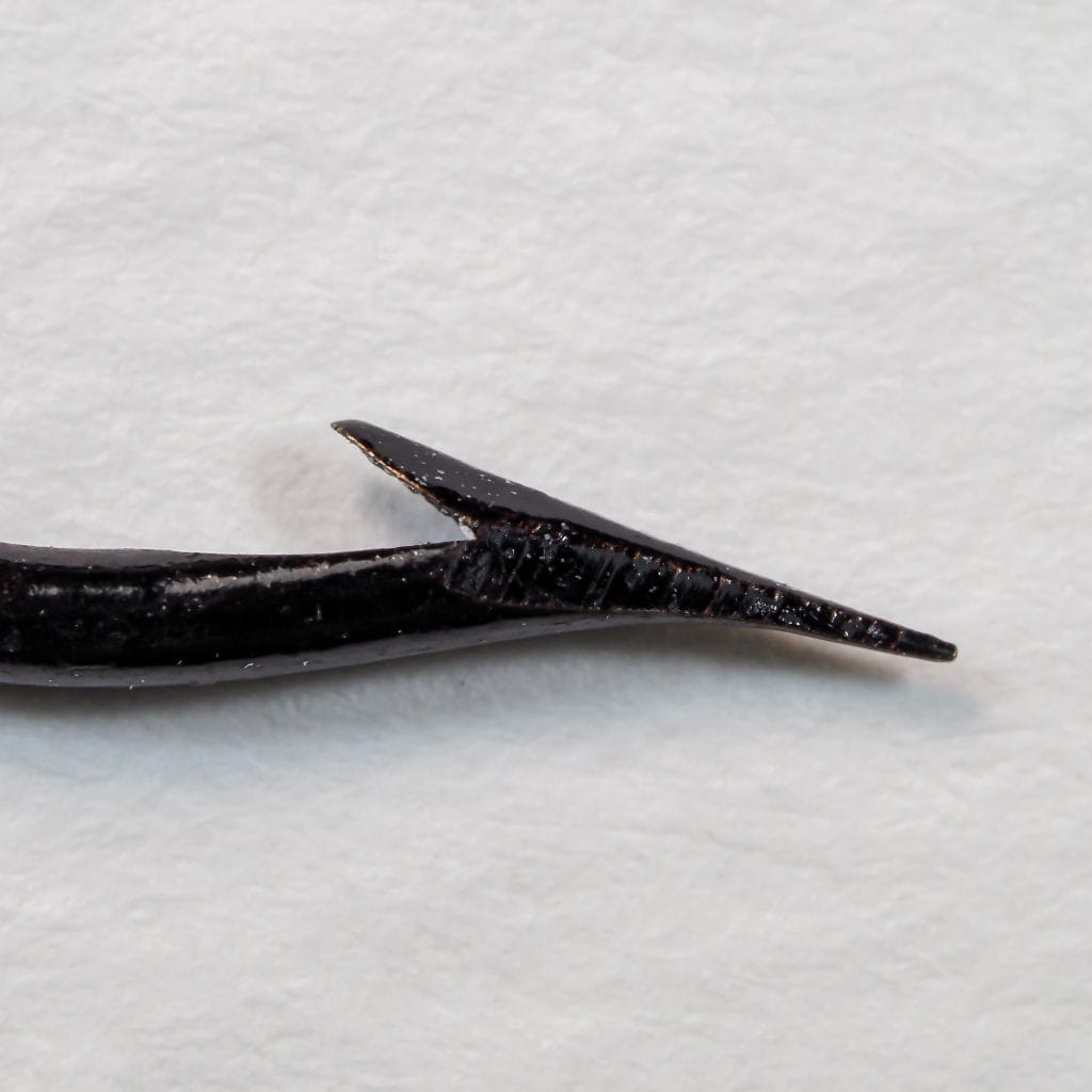 S. Allcock 184 Superfine — close-up of hook point showing superior point geometry and glossy japanned finish — fine-wire specimen — detail of barb placement and inner taper