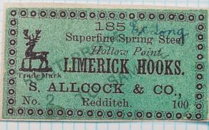 S Allcock 185 Limerick Hook — green paper card label showing detailed text, size notation, and Allcock branding