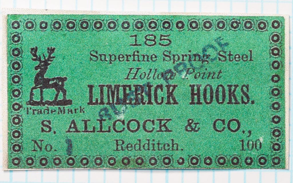 S Allcock 185 Limerick Hook — close-up of original green paper card label showing text and Allcock stag trademark