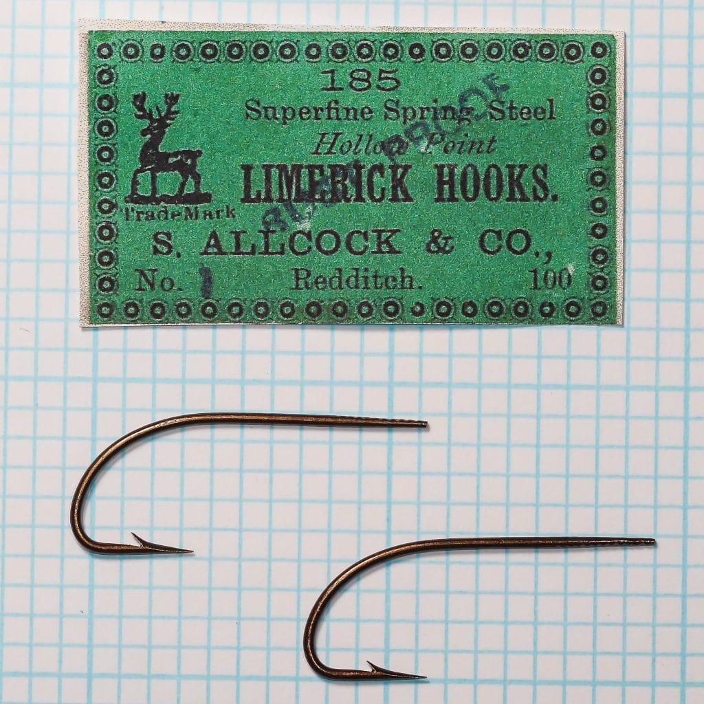 S Allcock 185 Limerick Hook — original green paper sales card with packaging label and two hook specimens