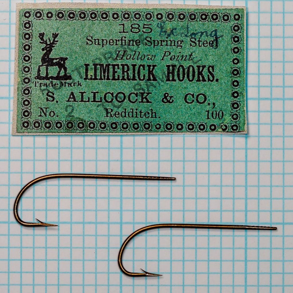 S Allcock 185 Limerick Hook — green paper card with full label text and two hook specimens showing variant nomenclature