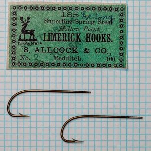 S Allcock 185 Limerick Hook — green paper card with full label text and two hook specimens showing variant nomenclature