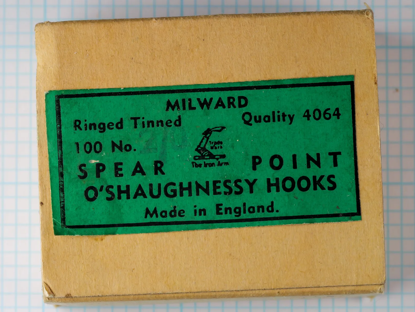 Milward Quality 4064 — packaging box with bright green label — size 2/0 — letterpress-printed Victorian fly-fishing vignette