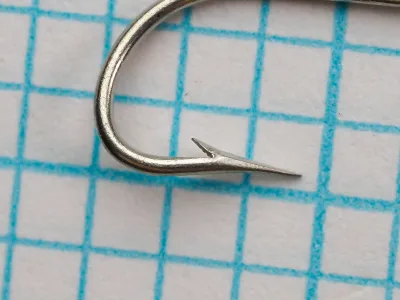 Mustad 1804 A — hook point detail — size 7 — filed point and barb