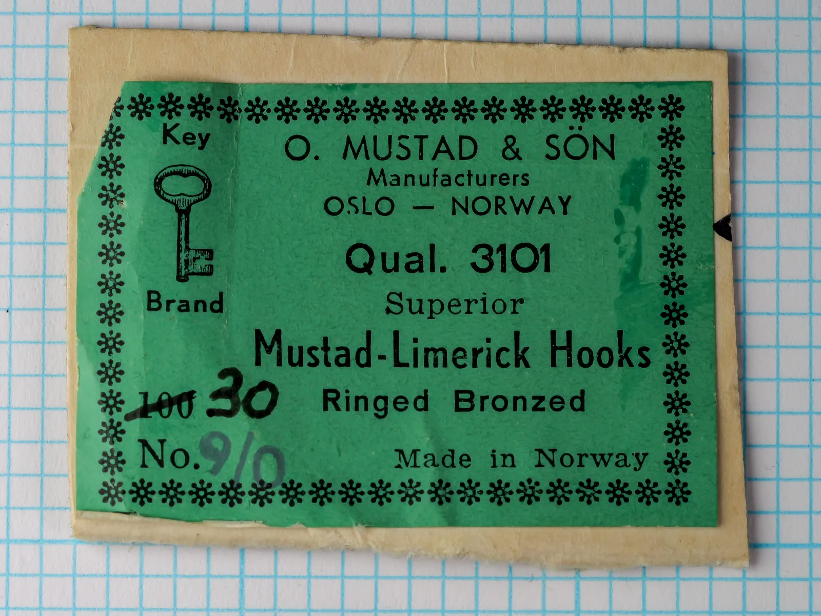 Green Key Brand label on a torn card scrap, printed Qual. 3101, with 9/0 handwritten over No. and 30 written beside a struck-through 100.