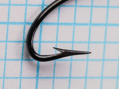 Mustad 3295 A Chestertown — hook point and barb detail — size 8 — japanned finish