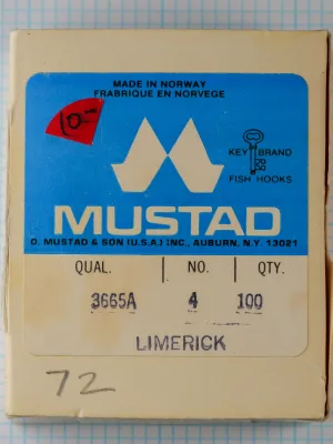 Mustad 3665A — original kraft box with Key Brand label and blue header — size 4, 100-pack — dual-language Made in Norway marking
