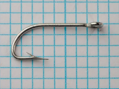 Mustad 8080 Hook — side profile showing Limerick bend and ringed eye — size 6 — on measurement grid