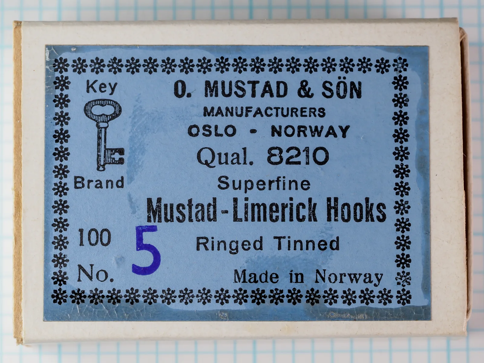 Mustad 8210 Superfine Limerick — original blue sales card with eight-line label and Key Brand logo — size No. 5 — 100-hook card