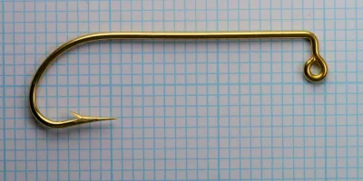 Mustad 91753 size 6/0 — full hook profile — bent-down jig eye — O'Shaughnessy bend — measurement grid reference