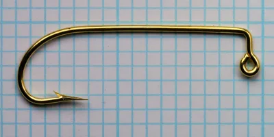 Mustad 91753 full profile — size 1/0 — bent-down jig eye configuration — O'Shaughnessy bend — measurement grid reference