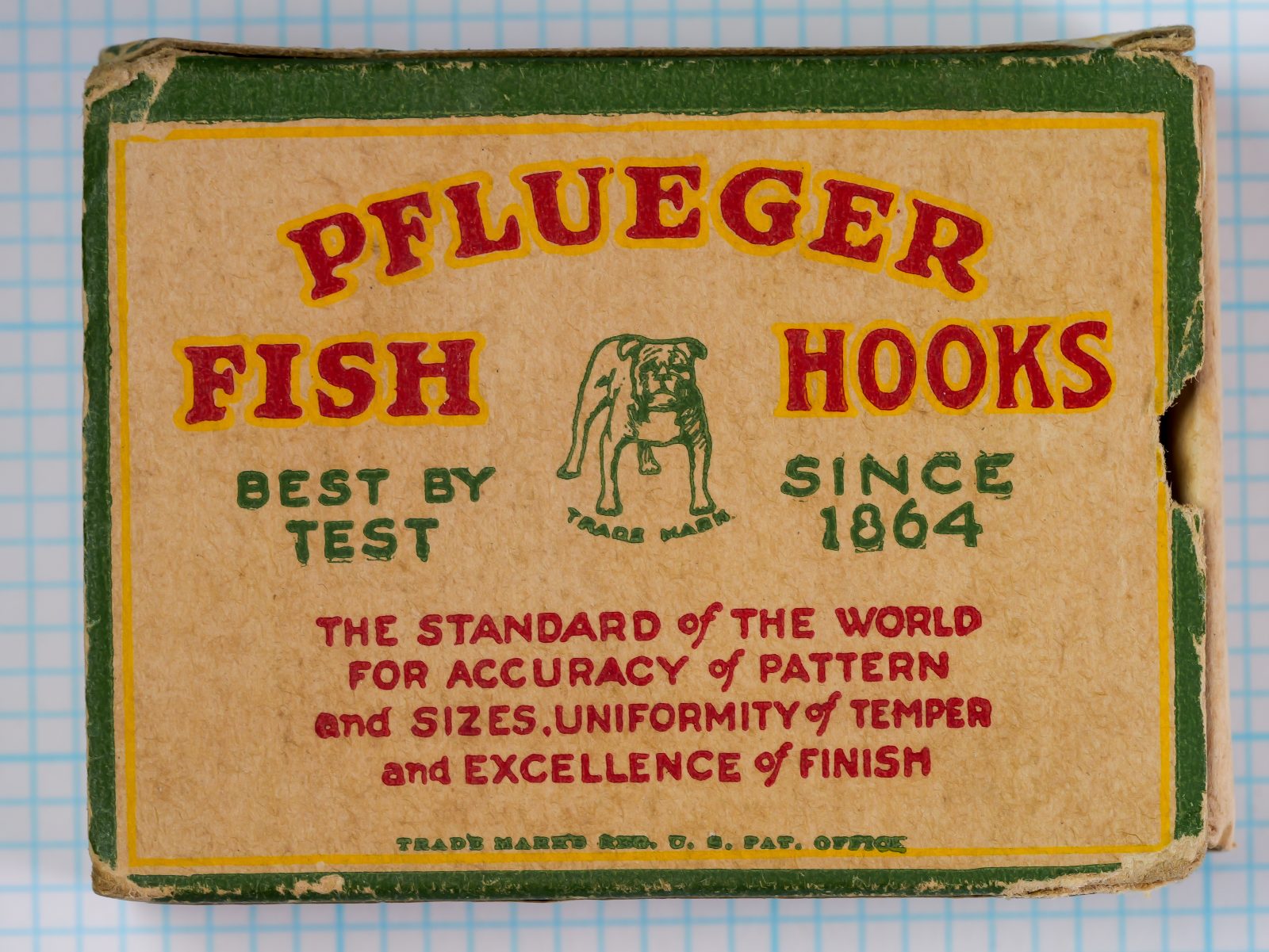 Pflueger Carlisle Pelican — back side of original kraft box showing company heritage and quality claims — bulldog logo with Since 1864 statement