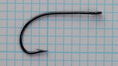 Kinsey Hook size 14 — full hook profile — side view showing Sproat bend, ringed eye, and overall proportions on measurement grid