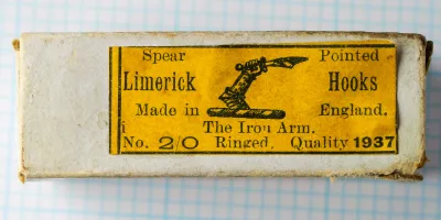 Milward Iron Arm Spear Pointed Limerick — original 1937 box label showing trademark spear illustration, yellow background, size 2/0 designation