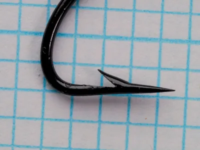 Milward Iron Arm Size 2-0 Limerick Hook — point detail showing hollow point geometry and barb placement