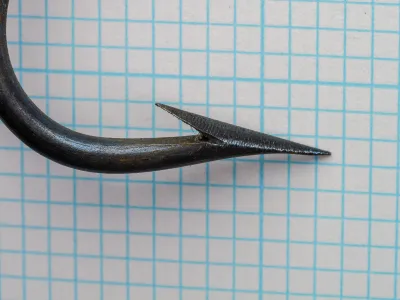 Samuel Allcock 198 Flatted Eye Size 2 — side profile showing point geometry and bend curvature — superior point with nearly straight inner face