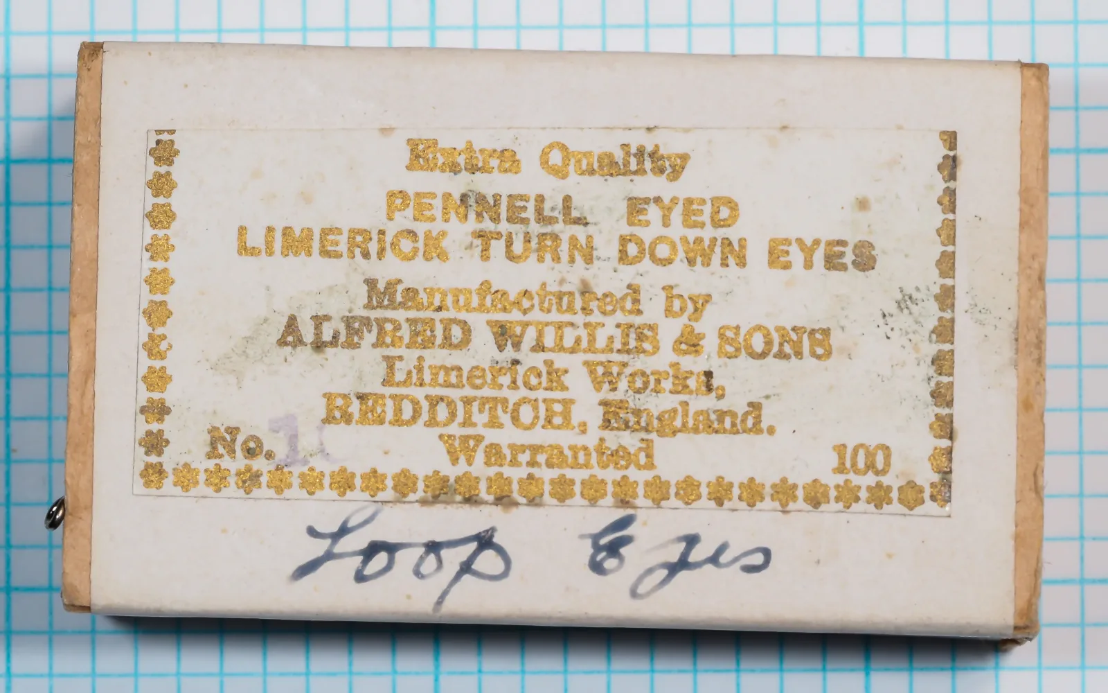 Alfred Willis and Sons Pennell Hook Packaging Card — Original manufacturer card front with letterpress printing and gold metallic branding — Size 10 — Eudora Quality mark