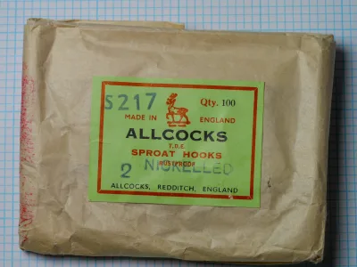 Allcocks S217 packaging — original 100-hook wholesale box with printed label and kraft wrapper — Redditch, England