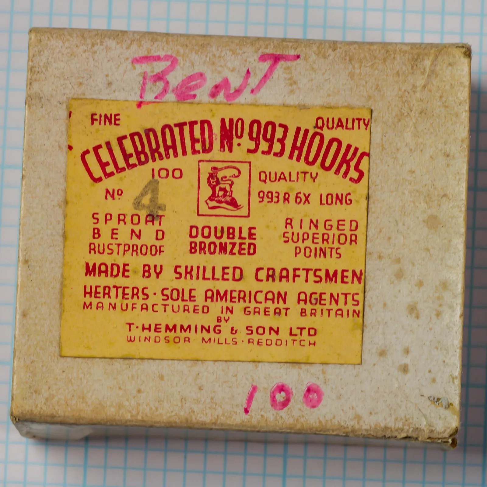 T. Hemming & Son Celebrated No. 993 Hook — original kraft packaging box with attached yellow label — size 4 — hand-marked Herters wholesale notation