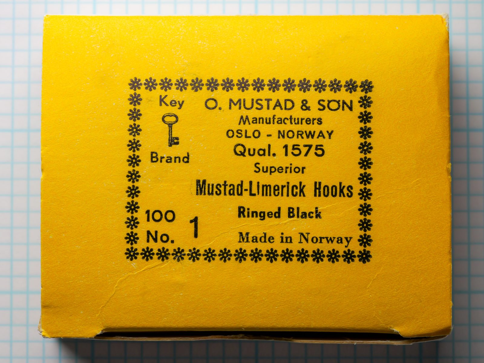 Mustad 1575 Limerick Hook — original yellow box with Key Brand logo — size 1 — black japanned finish