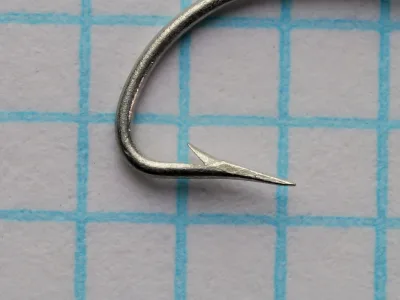 Mustad 31363 Crystal Hook — point and barb detail — size 10 — superior point style with tinned finish