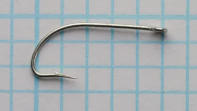 Mustad 31363 Crystal Hook — full profile view — size 10 — Limerick bend with straight ring eye