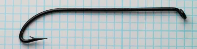 Mustad 33005 Chestertown Hooks — full hook profile from above — Size No. 7 — long shank with narrow gape and tapered-down ball eye