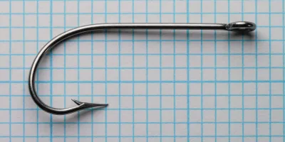 Mustad 3306 hook full profile — ringed eye and Cincinnati bend — size 18 — side view with grid scale