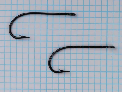 Mustad 3365 Hooks — two specimens showing consistency and comparative size — size 3 — japanned black