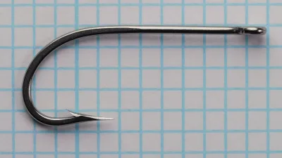 Mustad 34007 Size 2/0 — full side profile showing shank, bend, eye, and proportions