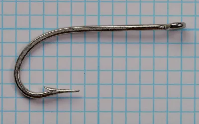 Mustad 3406 B — complete hook profile — size 1 — O'Shaughnessy bend and forged construction