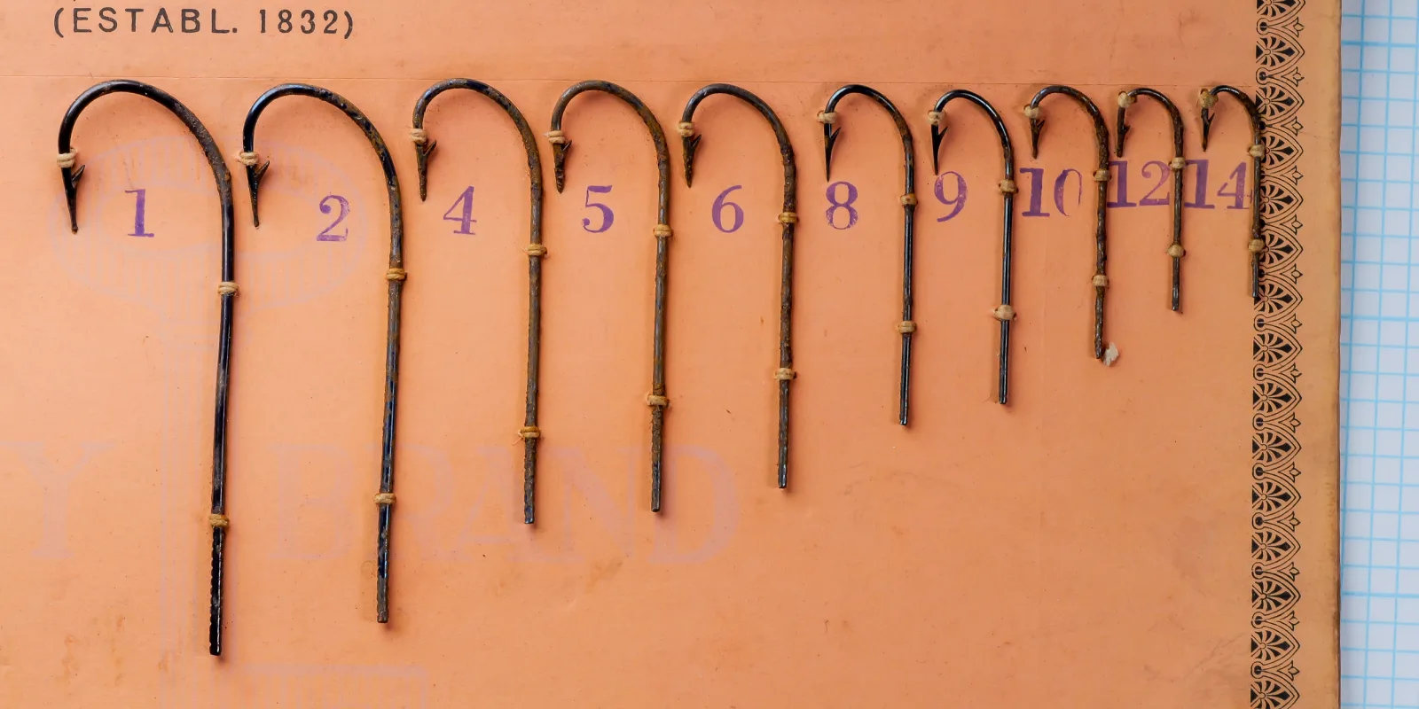 Mustad 3802 — complete sales card showing full size range 1-14 — demonstration of comprehensive offering