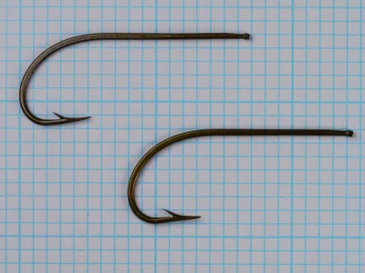 Mustad Quality 3828 — two hooks arranged vertically — size 3/0 — bend comparison and scale reference