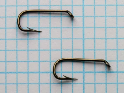 Mustad 3871 Size 10 — two hooks front-face showing bend symmetry, gap width, and eye closure on measurement grid